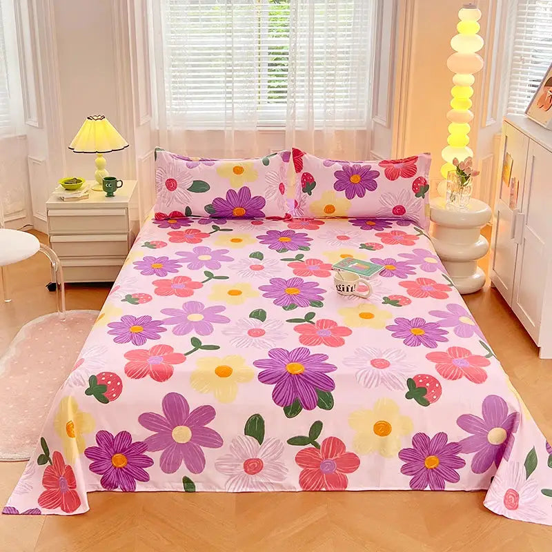 1PC or 3PCS Bed Flat Sheet Pillowcases Bed Cartoon Printed Top Sheets Single/Queen/King Flat Bedsheets Home Bed Linen Sheets from PriceLows™