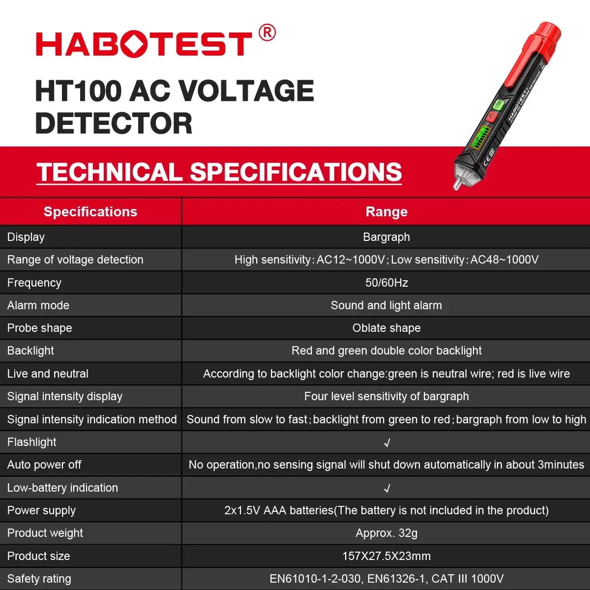 HABOTEST HT100 Non-Contact Voltage Tester with Dual Range AC 12V-1000V/48V-1000V Electrical Tester with LCD Display Buzzer Alarm from PriceLows™