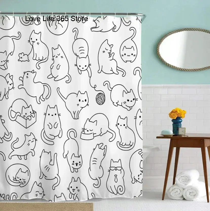 Cute Cat Pattern Shower Curtain - Fun Cartoon Design for Playful Bathroom Décor, Waterproof, Easy Care & Soft Fabric from PriceLows™