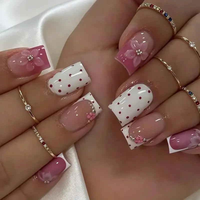 Press On Nails | Medium Square | Blush Pink Floral | 24 Pcs M Size