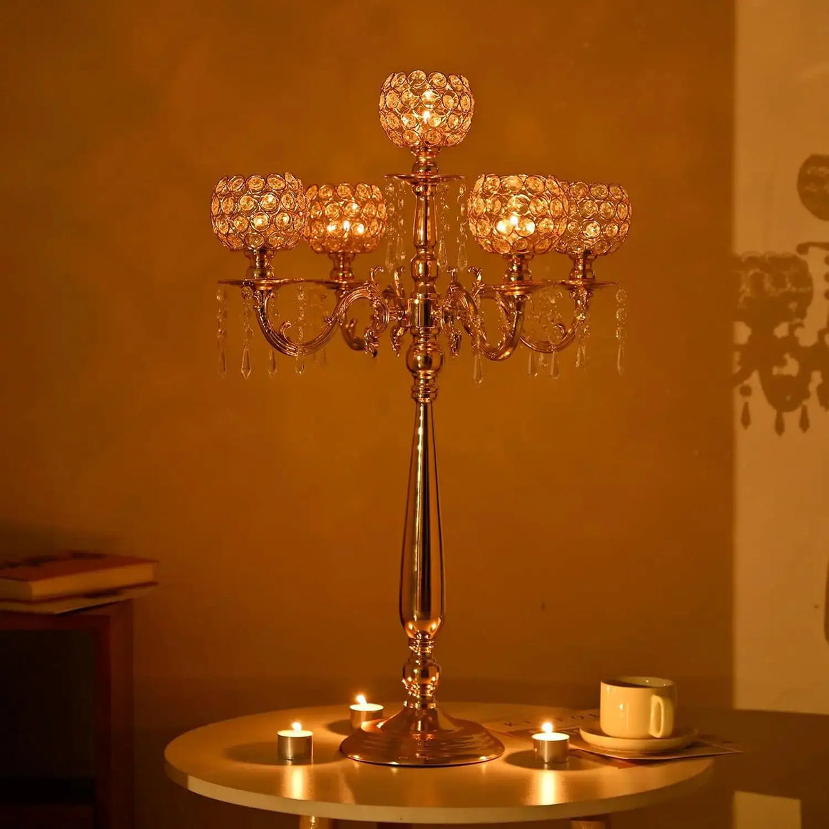 Candelabra | 5 Arm | Gold Metal And Crystal | Table Centerpiece