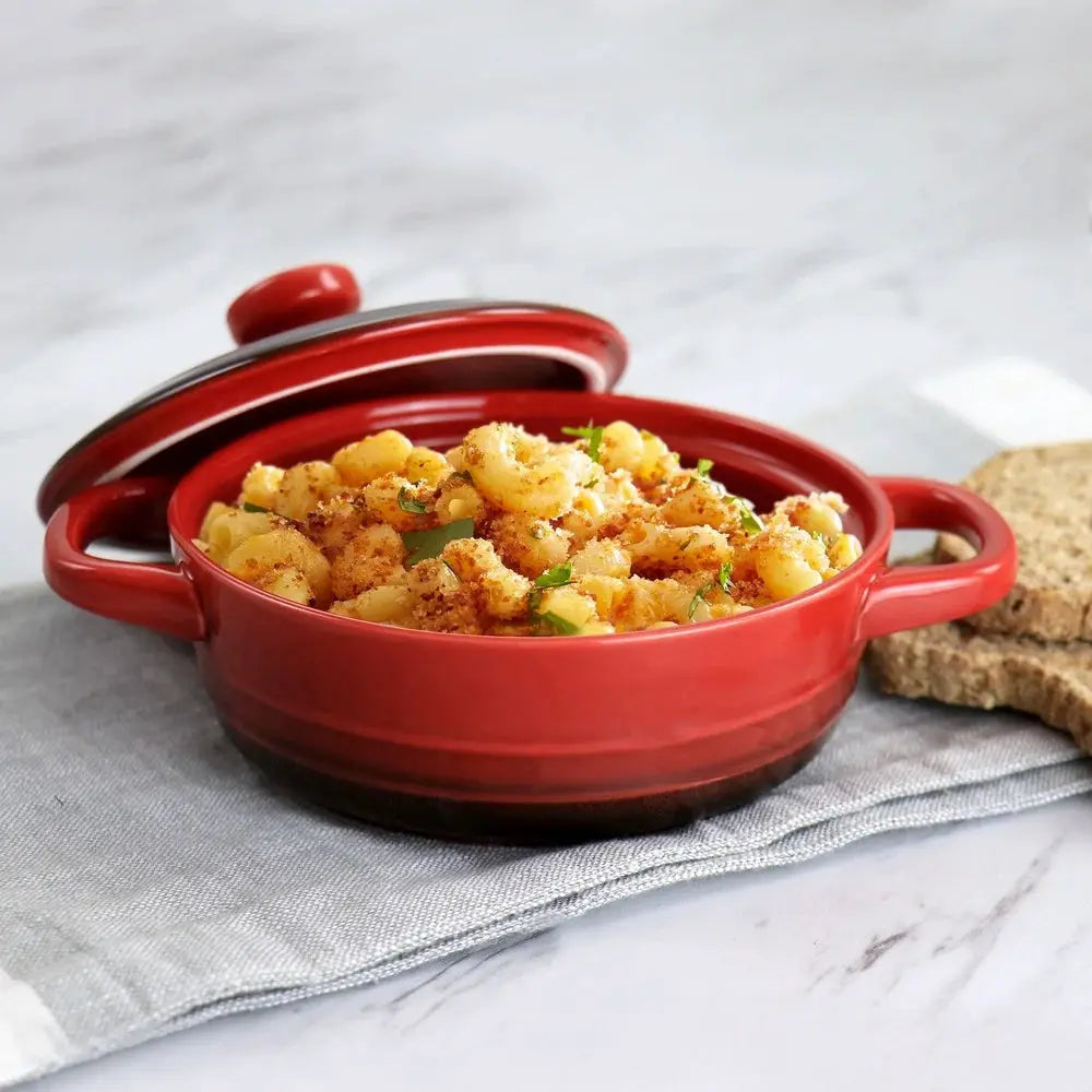 Mini Casserole Baker Stoneware Dish Gradient Red Oven Safe Great Side Dishes Desserts Durable with Lid Integrated Handles from PriceLows™