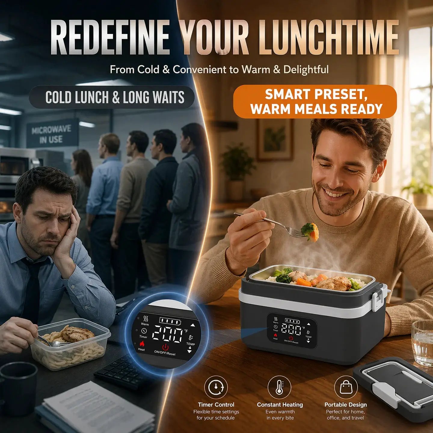 Wireless Heated Lunch Box, 60W Fast Heating 8000mAh Rechargeable Electric Lunch Box, 1L Stainless Steel Portable Food Warmer for Office Work School from PriceLows™