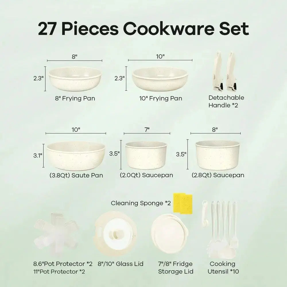 27pcs Ceramic Nonstick Kitchen Pots And Pans Set Cookware Sets With Removable Handles, Oven & Dishwasher, Stackable, Induction Ready, Including Frying Pans, Sauce Pans, Beige from PriceLows™