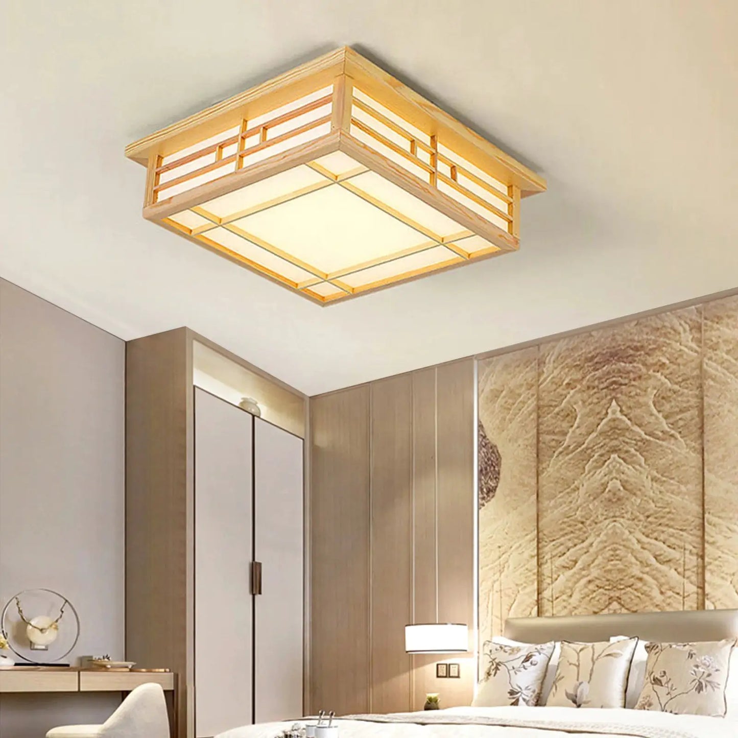 Japan Style Ceiling Lamp Solid Wood Wooden LED Light Flush Mount Ceiling Light with Remote Control For Bedroom Living Room from PriceLows™
