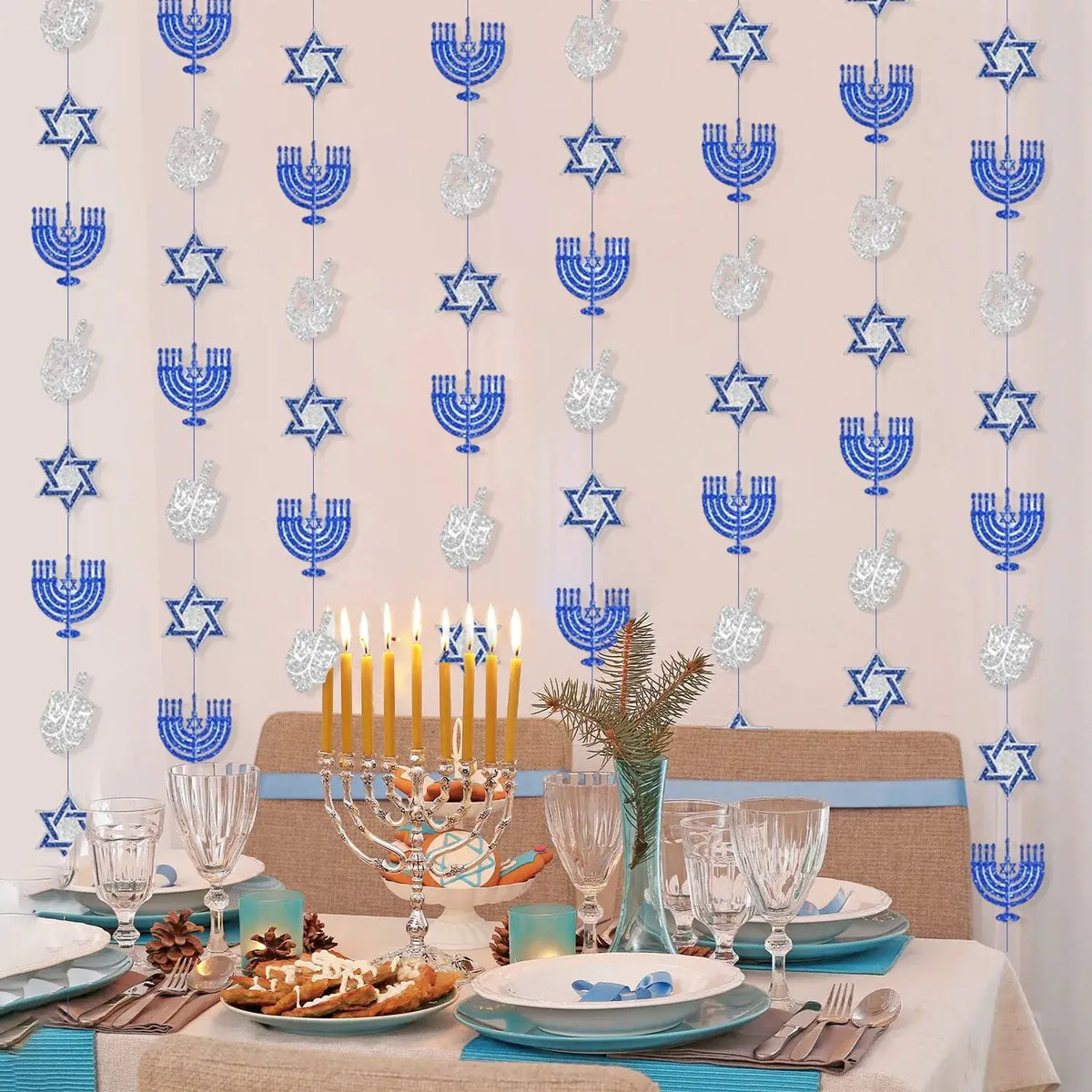 Hanukkah Decoration Garland | Blue Glitter String | Paper Holiday Decor