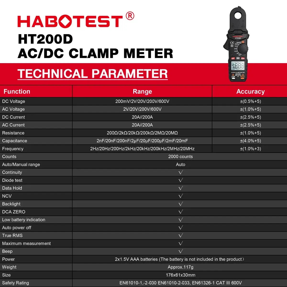 HABOTEST HT200D Digital Clamp Meter 2000 Counts True RMS NCV 600V Voltage 200A DC/AC Current Multimeter Clamp Current Meter from PriceLows™