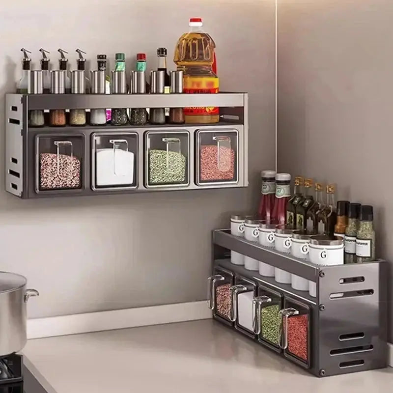 Wall Mounted Double Layer 4 Grids Stainless Steel Spice Rack Grey Kitchen Seasoning Organizer for Jars Bottles Pantry from PriceLows™