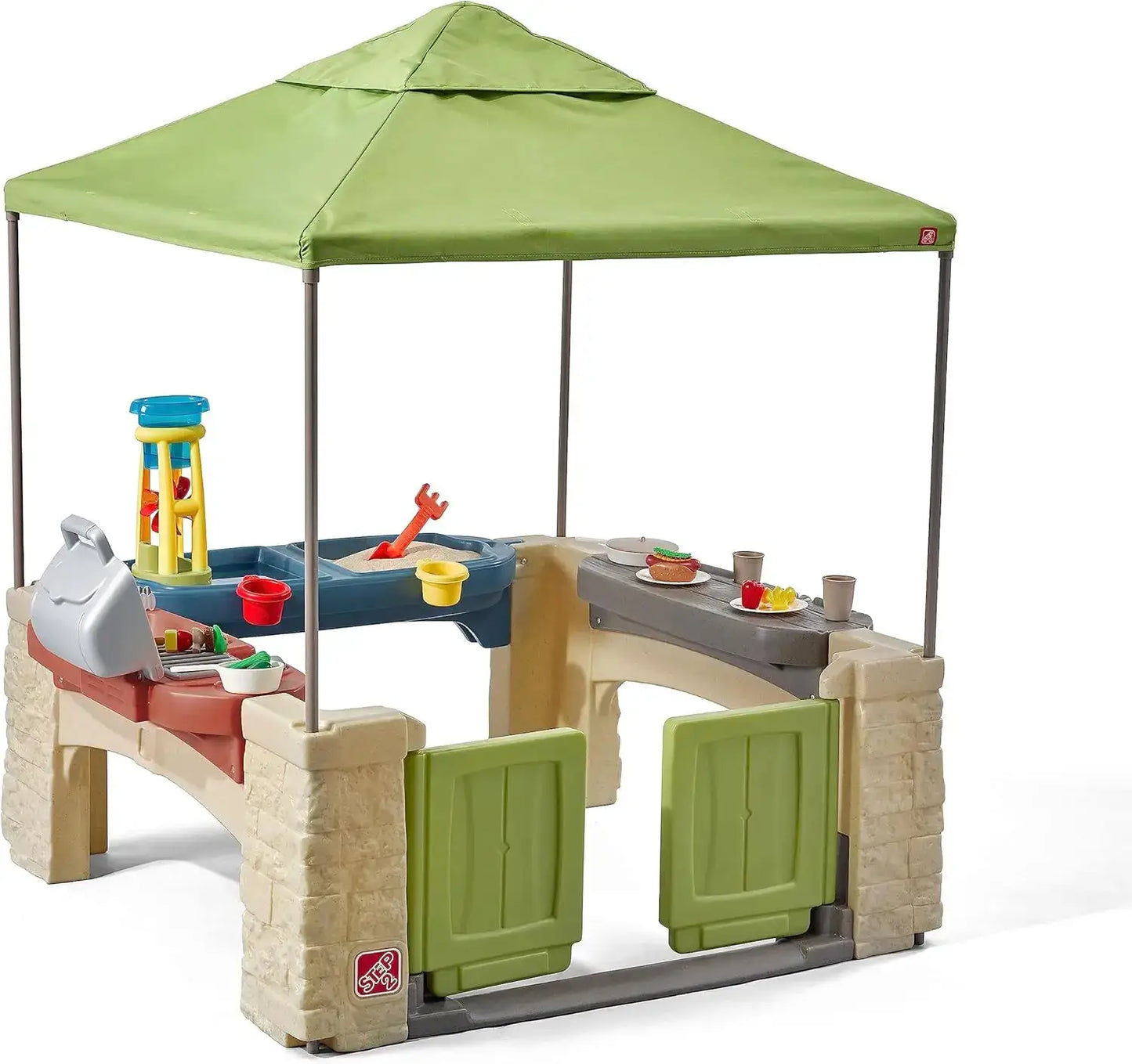 All Around Playtime Patio with Canopy, Kids Indoor/Outdoor Kitchen Playset & Sensory Playhouse, Made of Durable Plastic, Include from PriceLows™