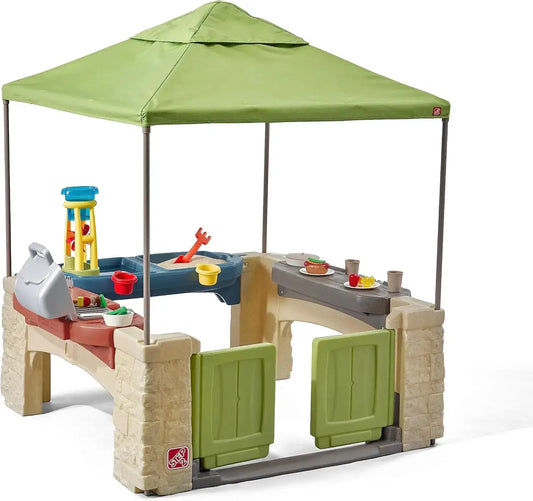 All Around Playtime Patio with Canopy, Kids Indoor/Outdoor Kitchen Playset & Sensory Playhouse, Made of Durable Plastic, Include from PriceLows™