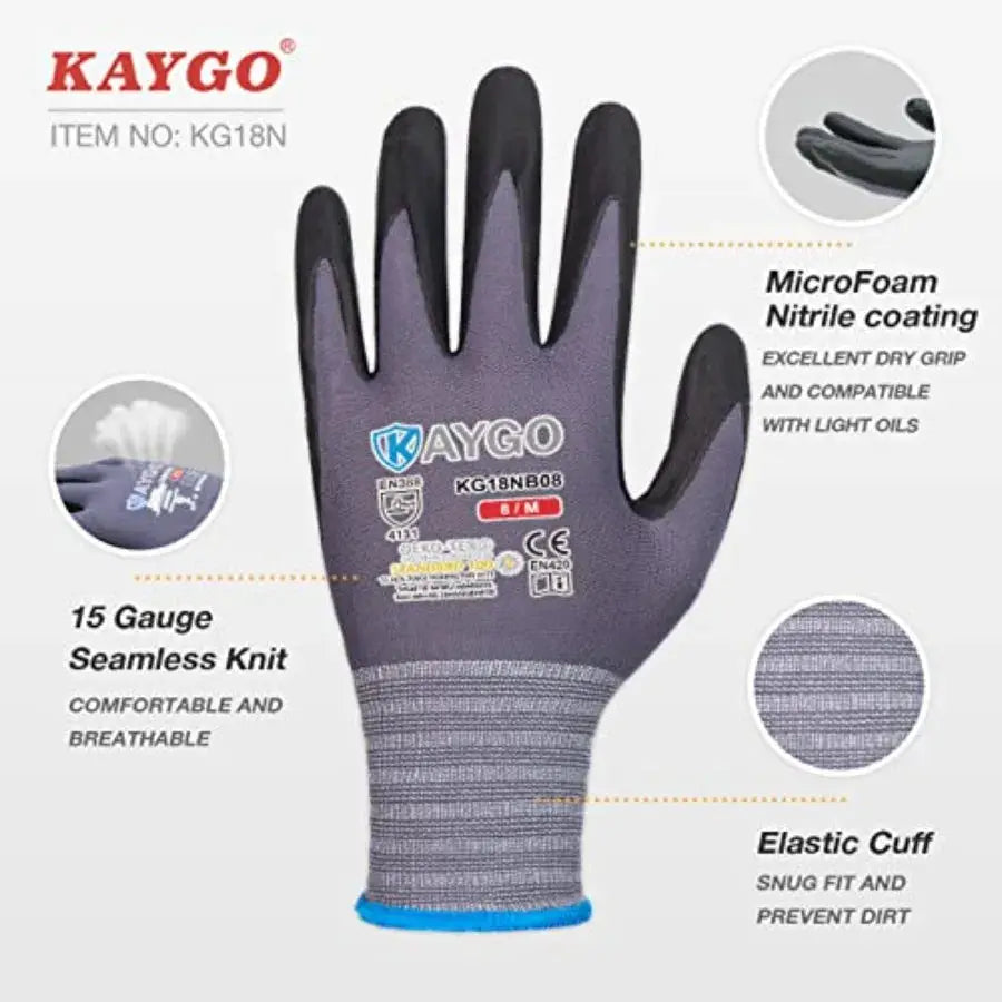 Safety Work Gloves MicroFoam Nitrile Coated, 3 Pairs KG18NB, Seamless Knit Nylon Glove for Men and Women, Ideal for Automotive, from PriceLows™