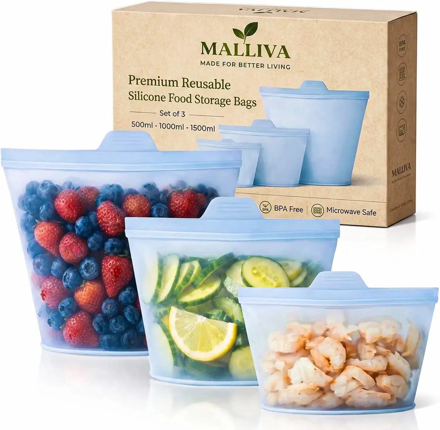 Silicone Food Storage Bags | 3 Pack Stand Up Ziplock | BPA Free | 17oz 34oz 51oz