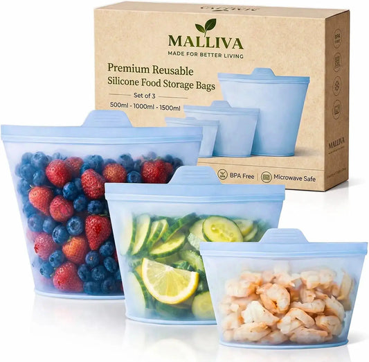 Silicone Food Storage Bags | 3 Pack Stand Up Ziplock | BPA Free | 17oz 34oz 51oz