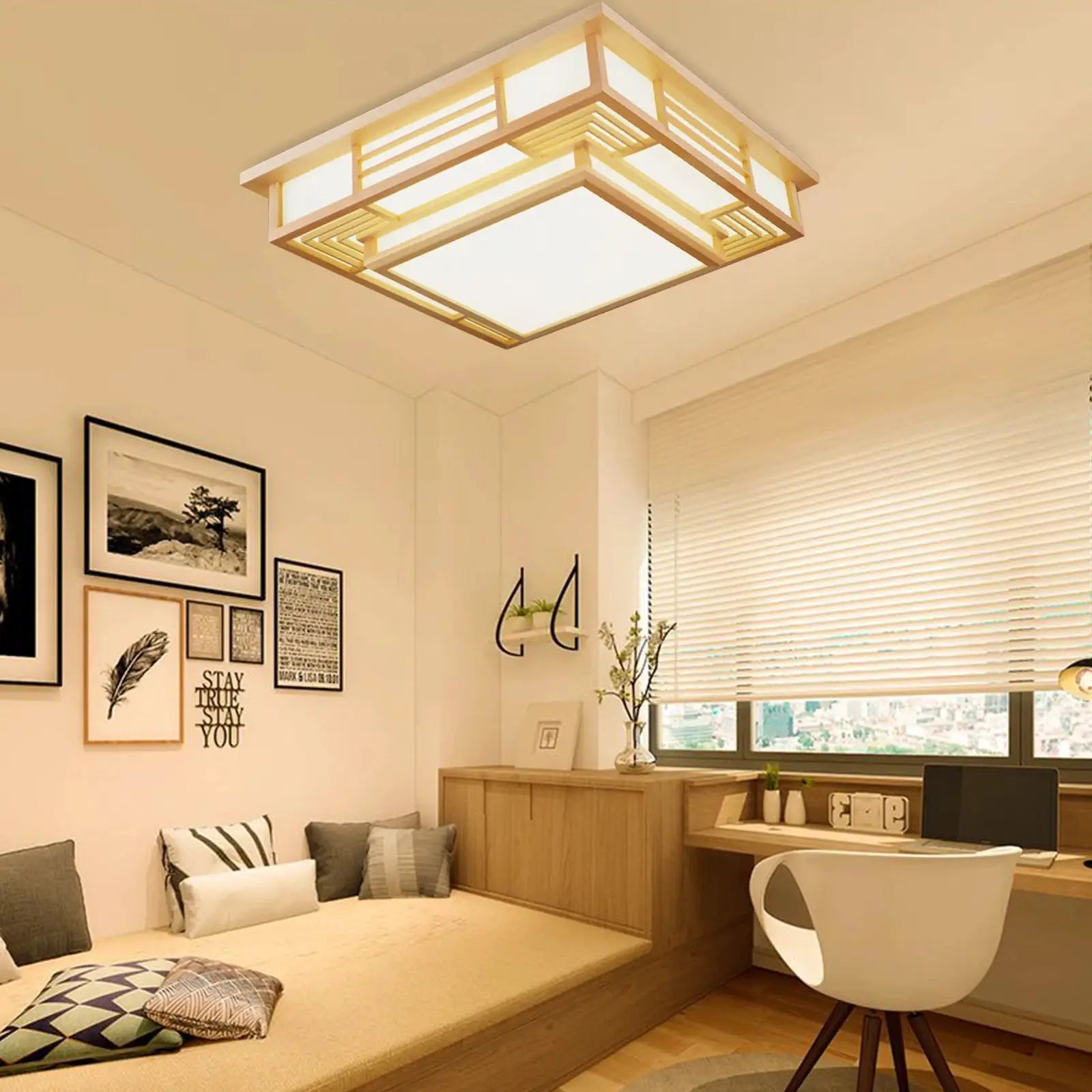 Japan Style Ceiling Lamp Solid Wood Wooden LED Light Flush Mount Ceiling Light with Remote Control For Bedroom Living Room from PriceLows™