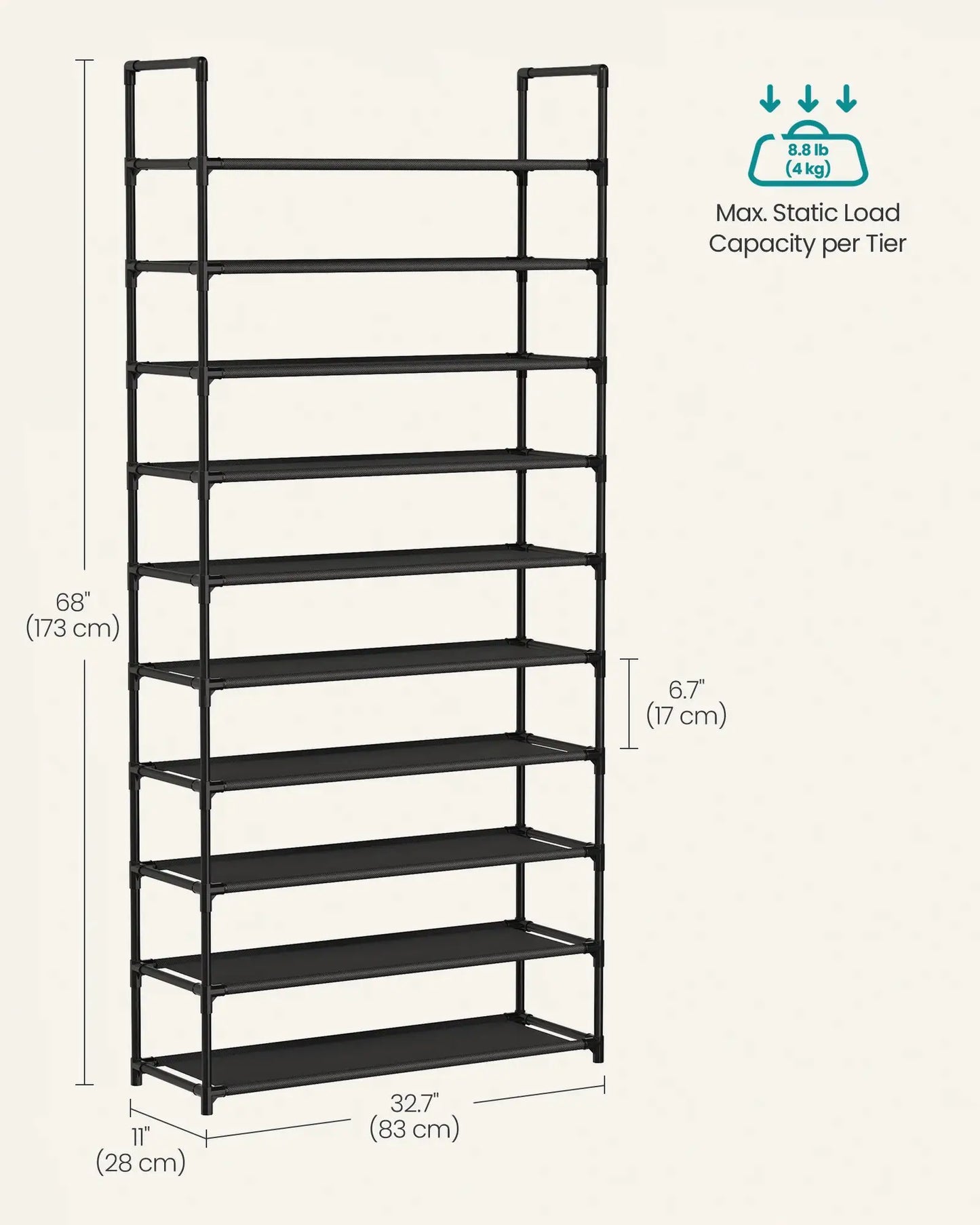 SONGMICS Shoe Rack, 10-Tier Shoe Shelf, Shoe Storage Organizer, 11 x 32.7 x 68 Inches, Metal Frame, Non-Woven Fabric Shelves, fo from PriceLows™
