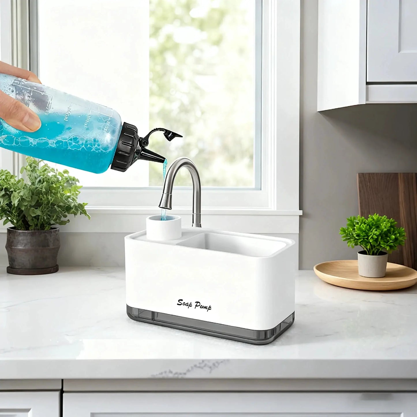 Kitchen dish soap dispenser with sponge holder, kitchen liquid soap dispenser with sponge storage from PriceLows™