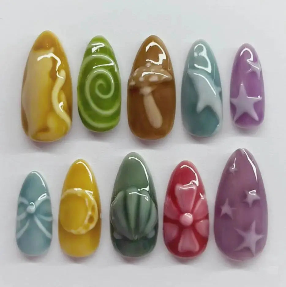 Press On Nails | 3D Seashell Design | Almond Shape | 24 Piece Set