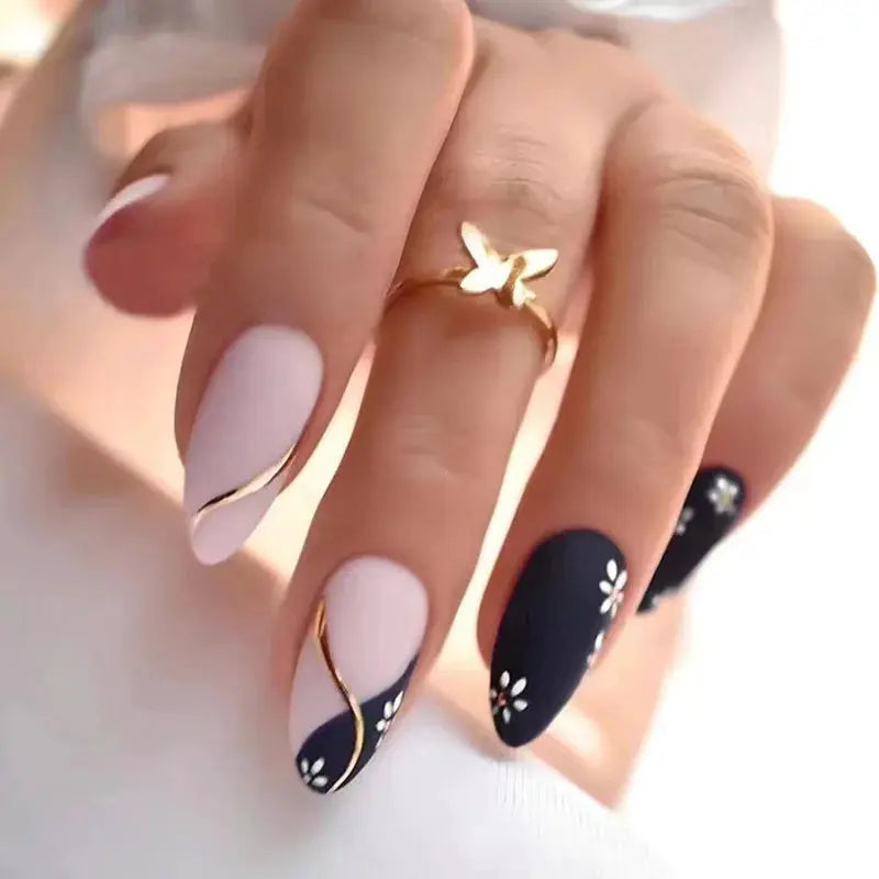 Almond Press On Nails | Acrylic Finish | Pearl Flower Design | 24 Piece Set