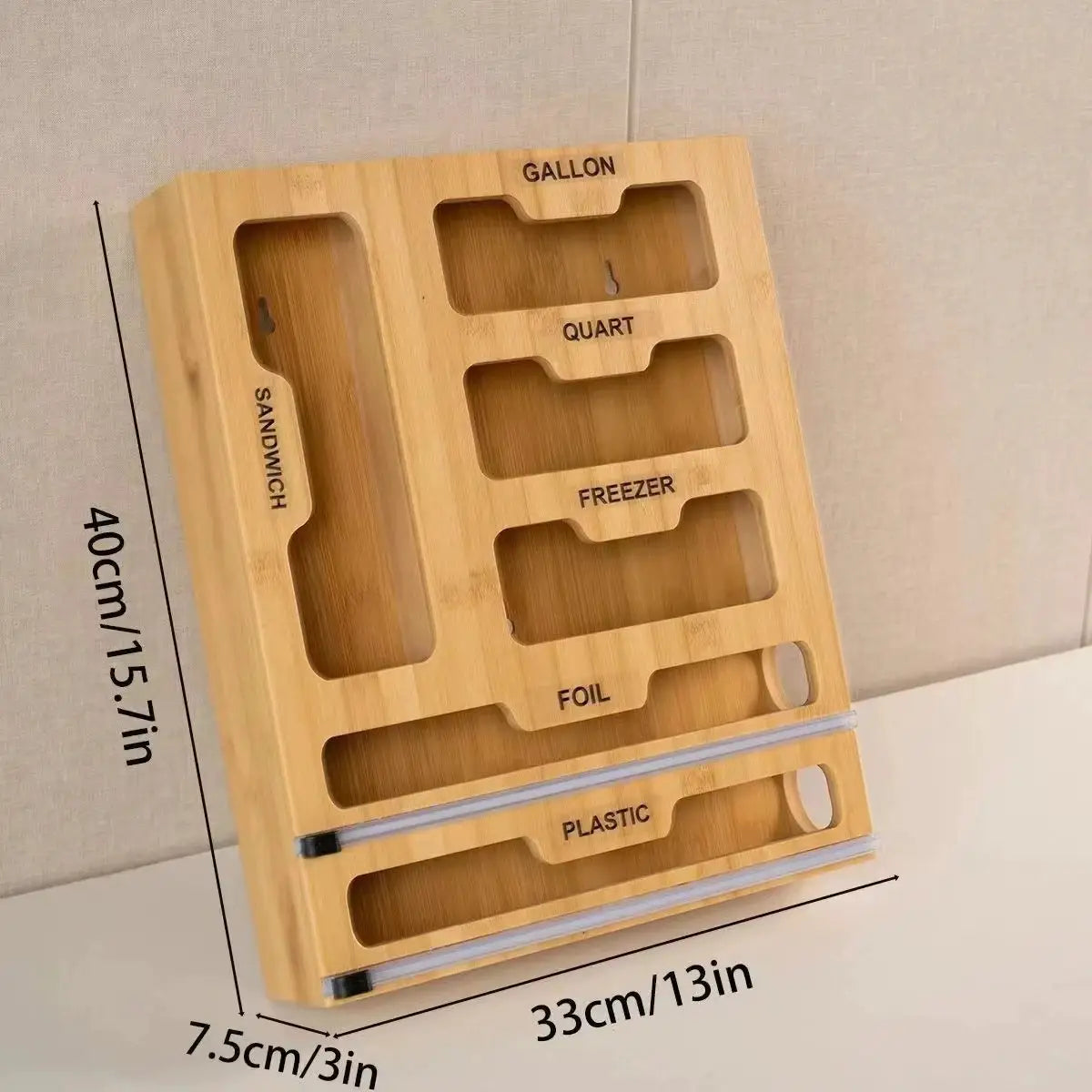 Bamboo Ziplock Bag Holder | Wall Mount Rack | Cutter Dispenser