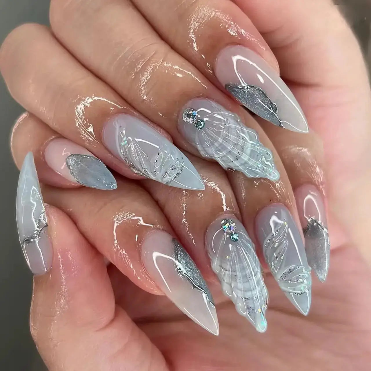 Press On Nails | 3D Seashell Design | Almond Shape | 24 Piece Set