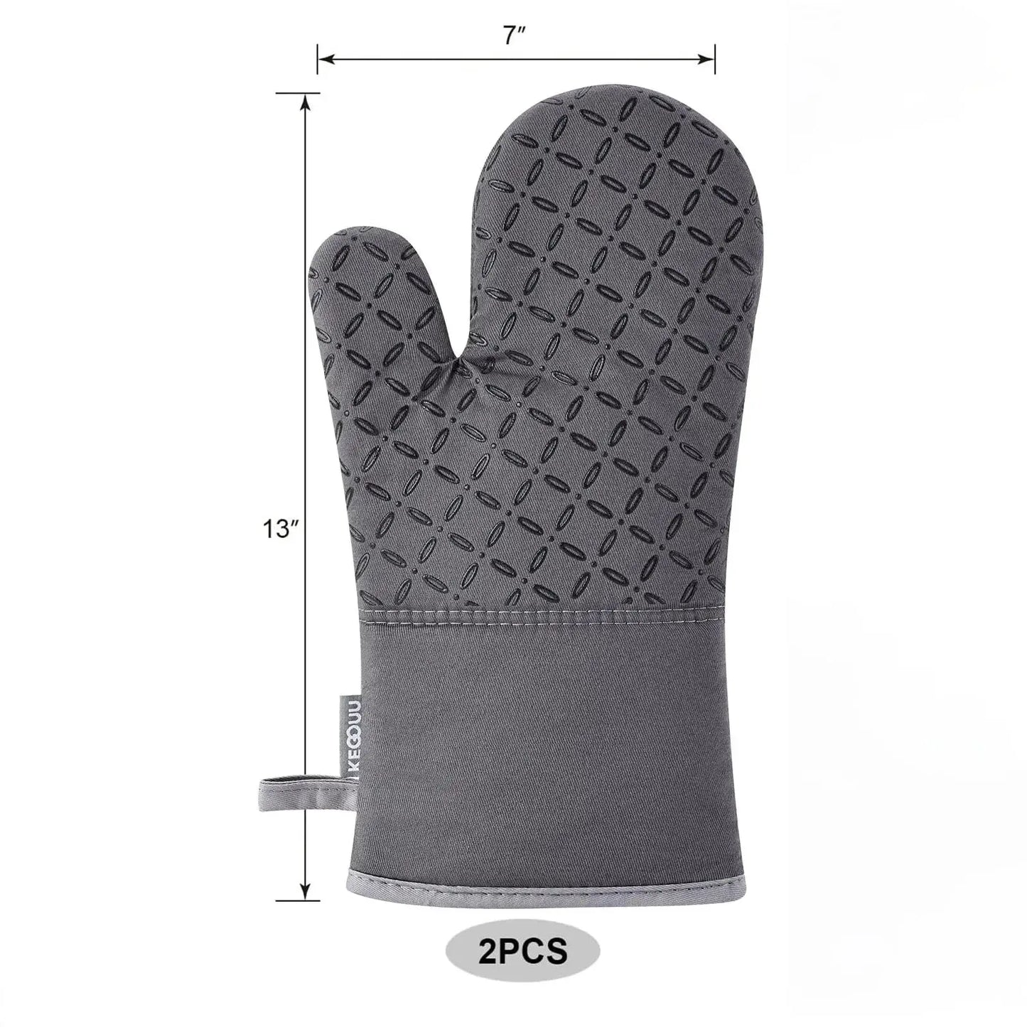Oven Mitts | High Heat 500F | Non Slip Silicone | 7x13in Gray (2 Pcs)