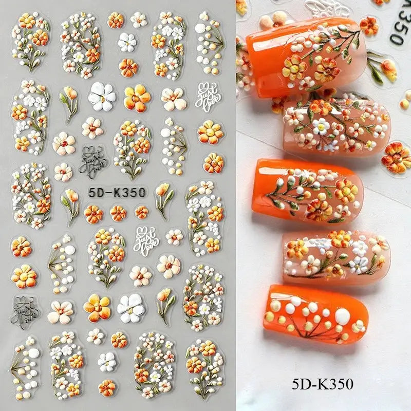 5D Embossed Green Vine Floral Nail Stickers - Matte Finish Self-Adhesive Nail Art Decals with Cartoon-Style Flowers from PriceLows™