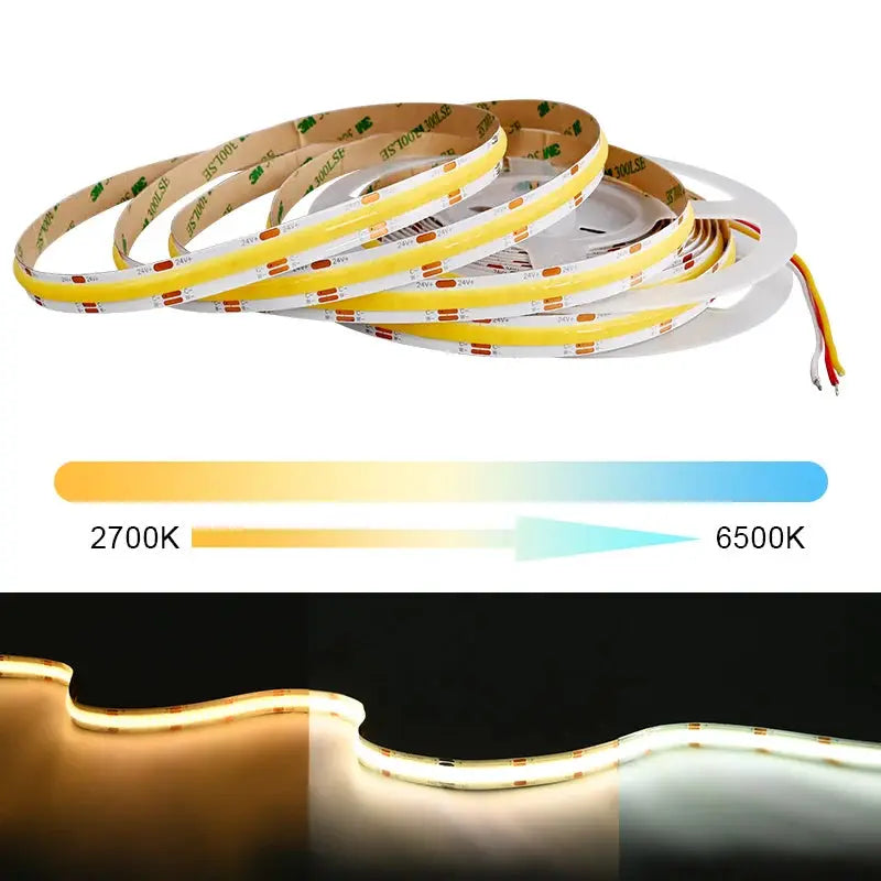 COB CCT LED Strip Lights 608 LEDs/m High Density Flexible Dimmable FOB Led Tape 2700K to 6500K Changeable Lighting DC12V 24V from PriceLows™
