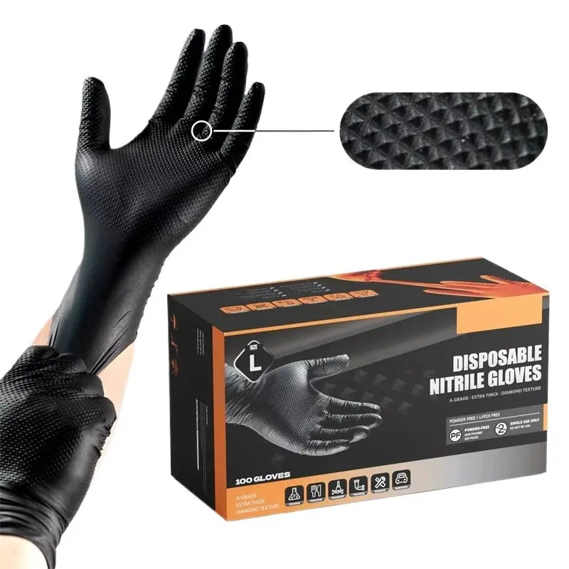 Industrial Black Nitrile Gloves 8mil Heavy Duty Disposable Gloves with Diamond Textured Latex Free Mechanic Tattoo Auto Gloves from PriceLows™
