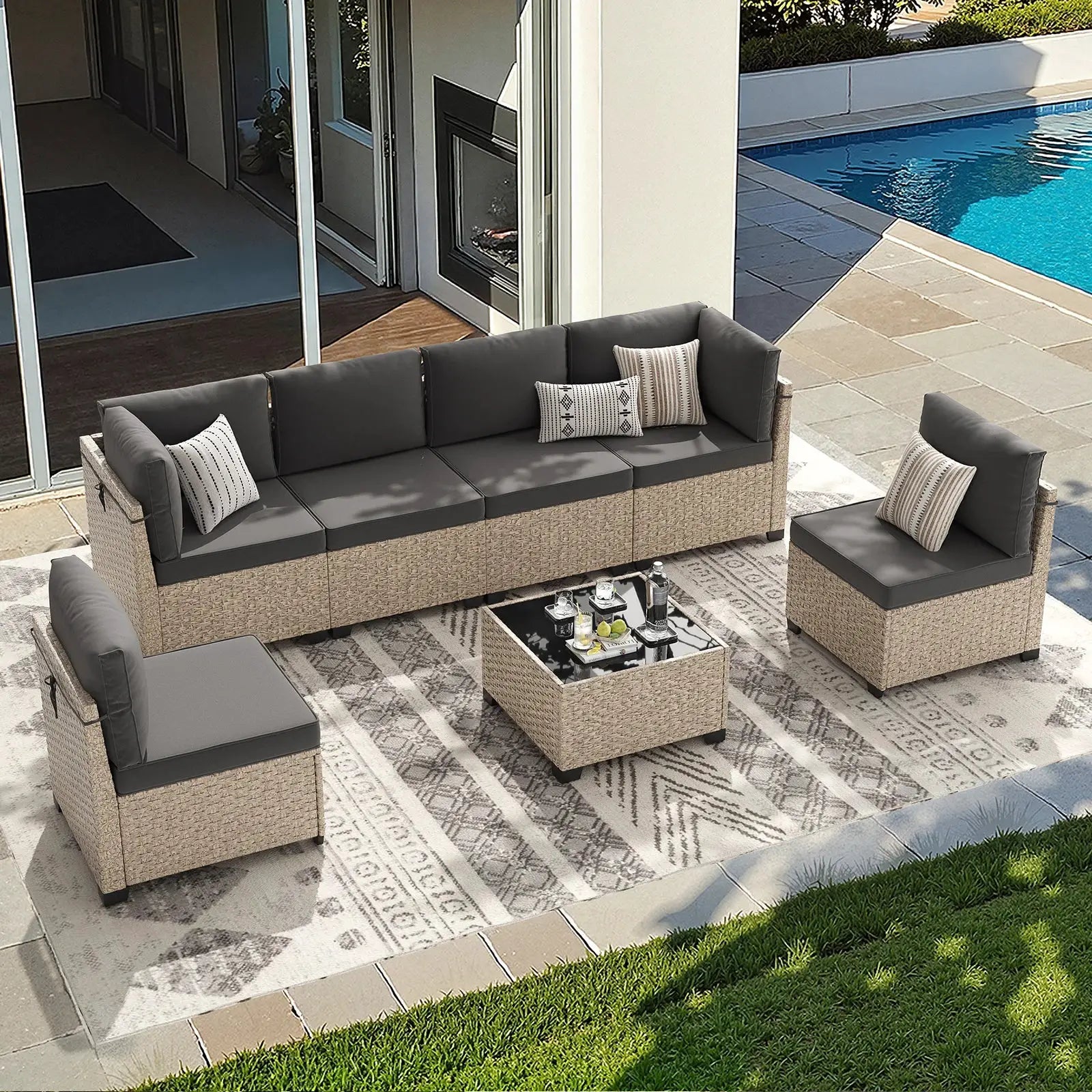 7-Piece Patio Furniture Set, Outdoor Rattan Sectional Sofa with Tempered Glass Table, All-Weather, for Garden, Porch, Backyard from PriceLows™