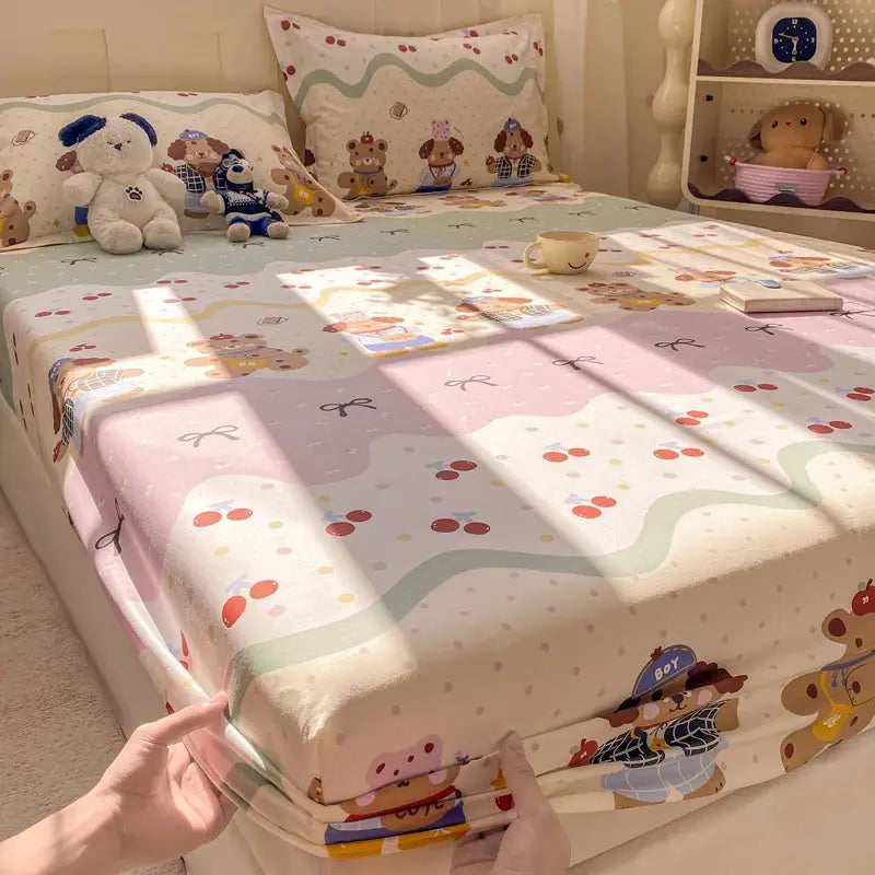 100% Cotton Fitted Sheet, Soft Breathable Cartoon Print Mattress Cover, 25cm Deep Pocket Wrinkle Resistant for 1/2 Person Size from PriceLows™