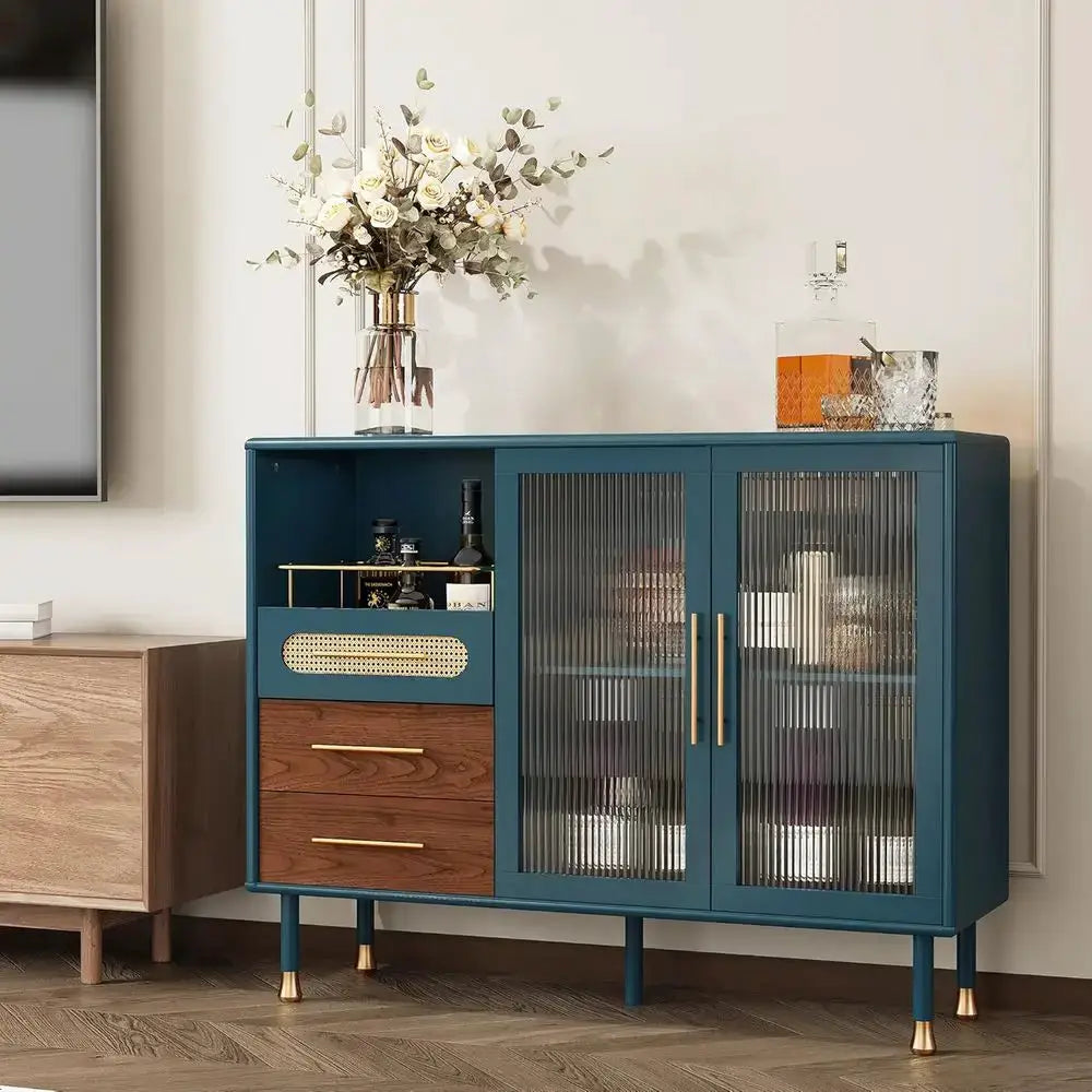 48-Inch Coffee Bar Cabinet with Wine Racks and Drawers, Blue Sideboard for Pull-Out Storage, Ideal for Home Bar Carts in Kitchen from PriceLows™