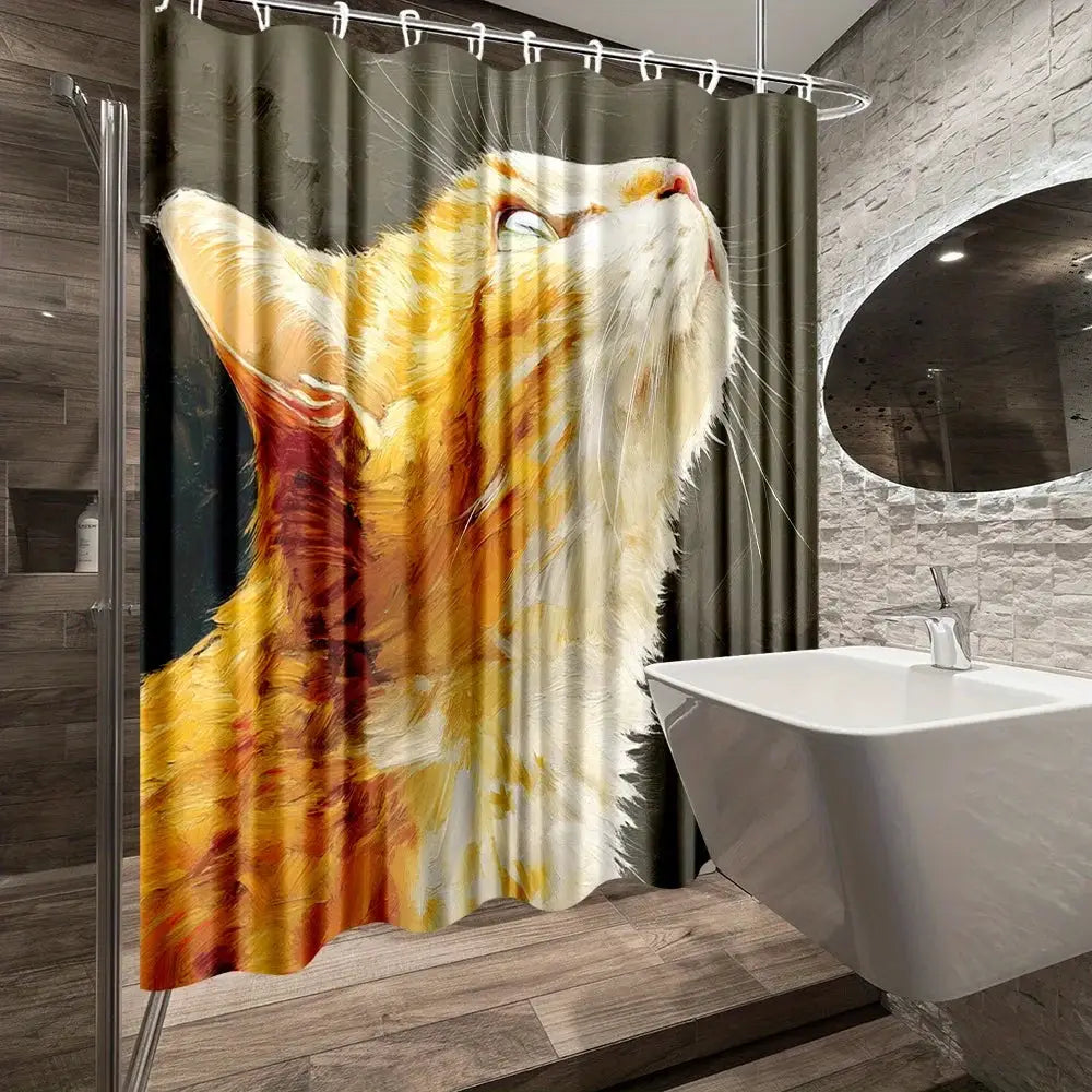 1pc Cat Oil Painting Shower Curtain - Vibrant Feline Art Bathroom Decor, Durable Polyester Fabric with 12 Hooks, 70.8x70.8 Inche from PriceLows™