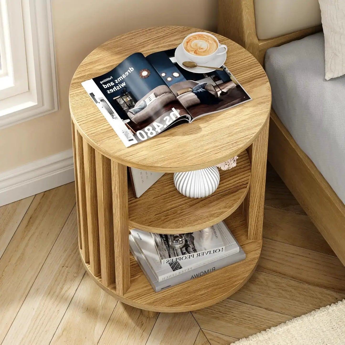 Round End Table, Wood Bedside Table, Mid Century Modern Nightstand with Open Storage Shelf, 3 Tier Small Side Tables for Living Room, Bedroom, Curved Profile Design, Natural Oak(2-Pack) from PriceLows™