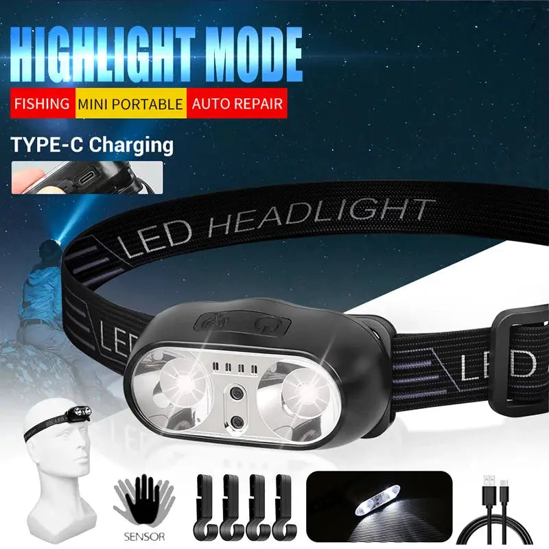 Strong Light Headlamp Portable LED Sensor Headlamp USB Rechargeable Head Flashlight Outdoor Camping Fishing Emergency Lantern from PriceLows™