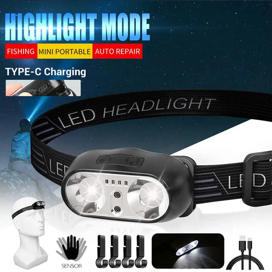 Strong Light Headlamp Portable LED Sensor Headlamp USB Rechargeable Head Flashlight Outdoor Camping Fishing Emergency Lantern from PriceLows™