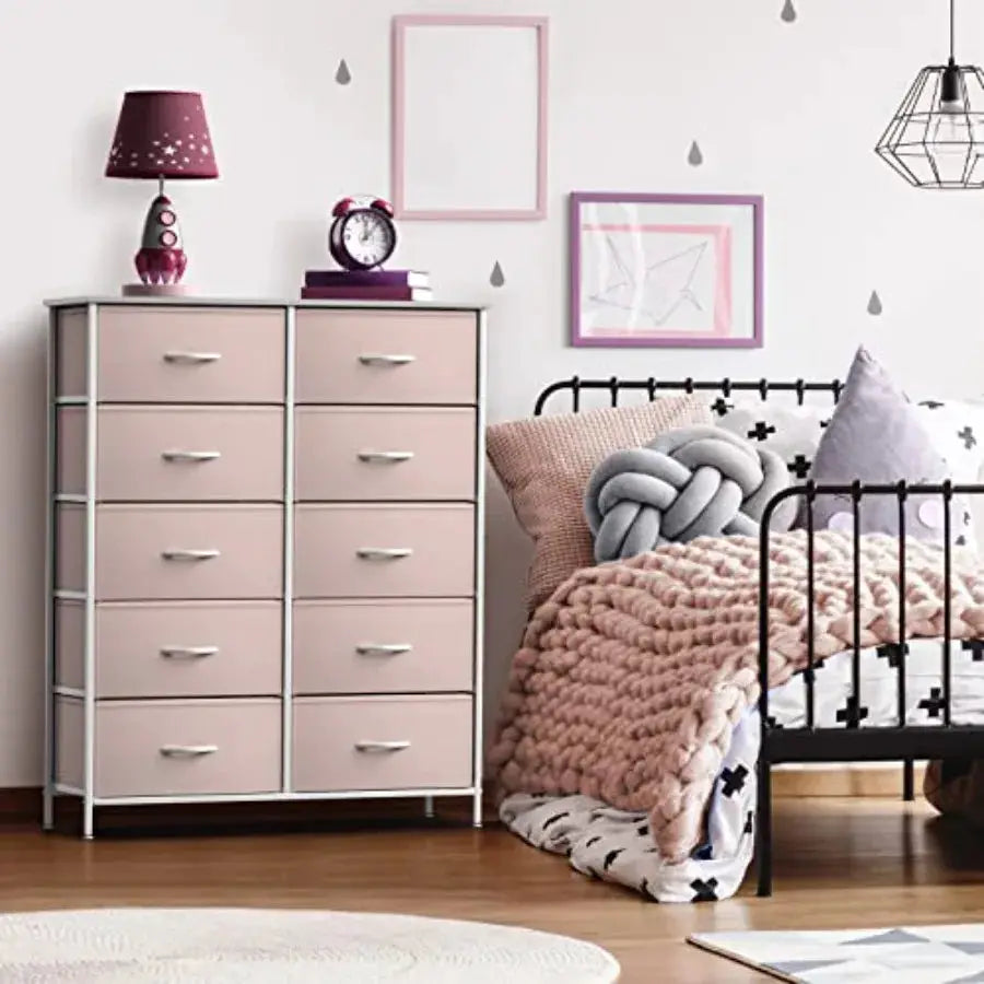 Dresser with 10 Drawers - Pink Storage Unit Organizer Chest for Clothes - Bedroom Nursery Closet 34 x 12 x 47 inches from PriceLows™