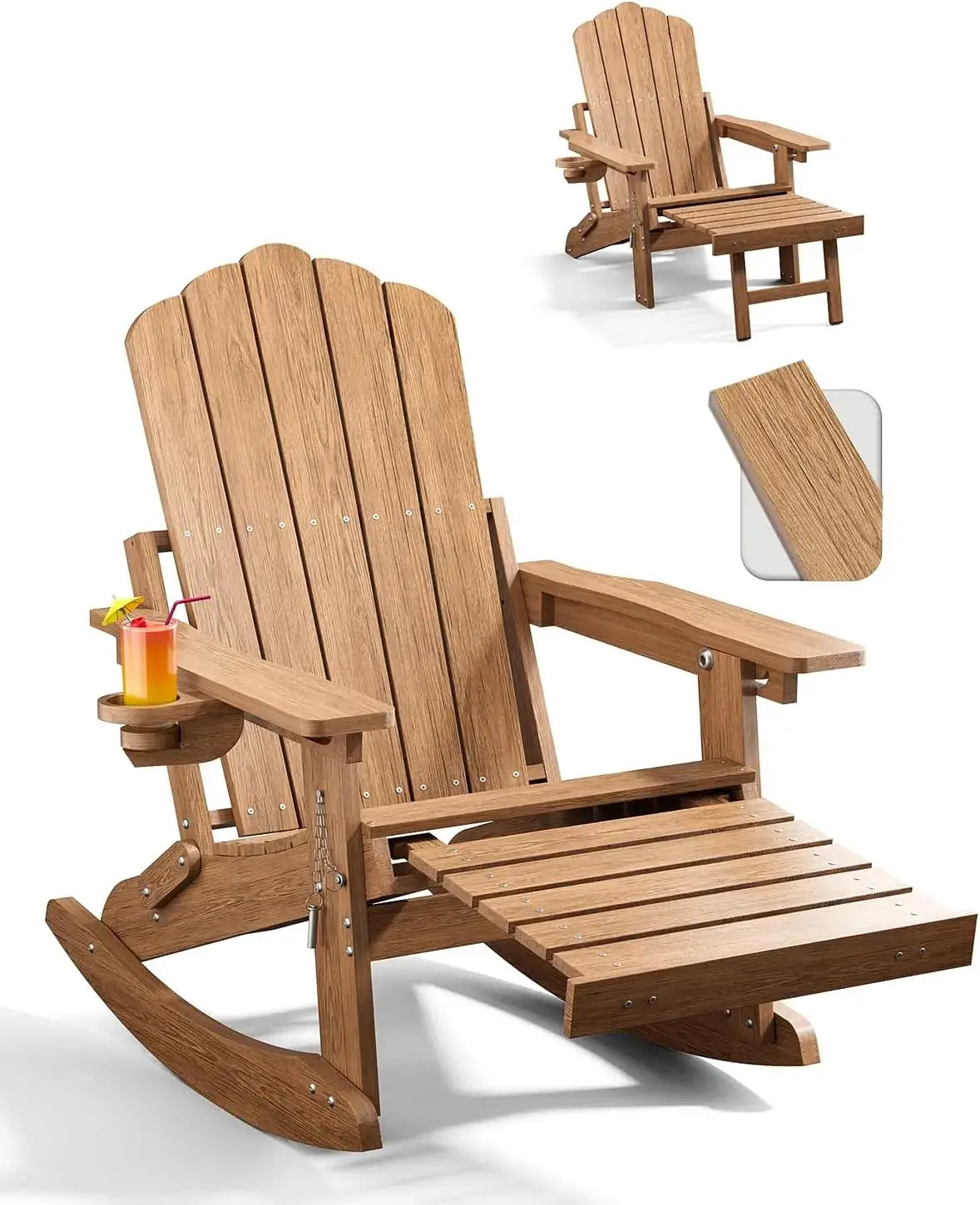 Adirondack Rocking Chairs with Retractable Ottoman & Cup Holders, 6-in-1 Folding HDPE Outdoor Rockers for Patio, Porch, Lawn from PriceLows™