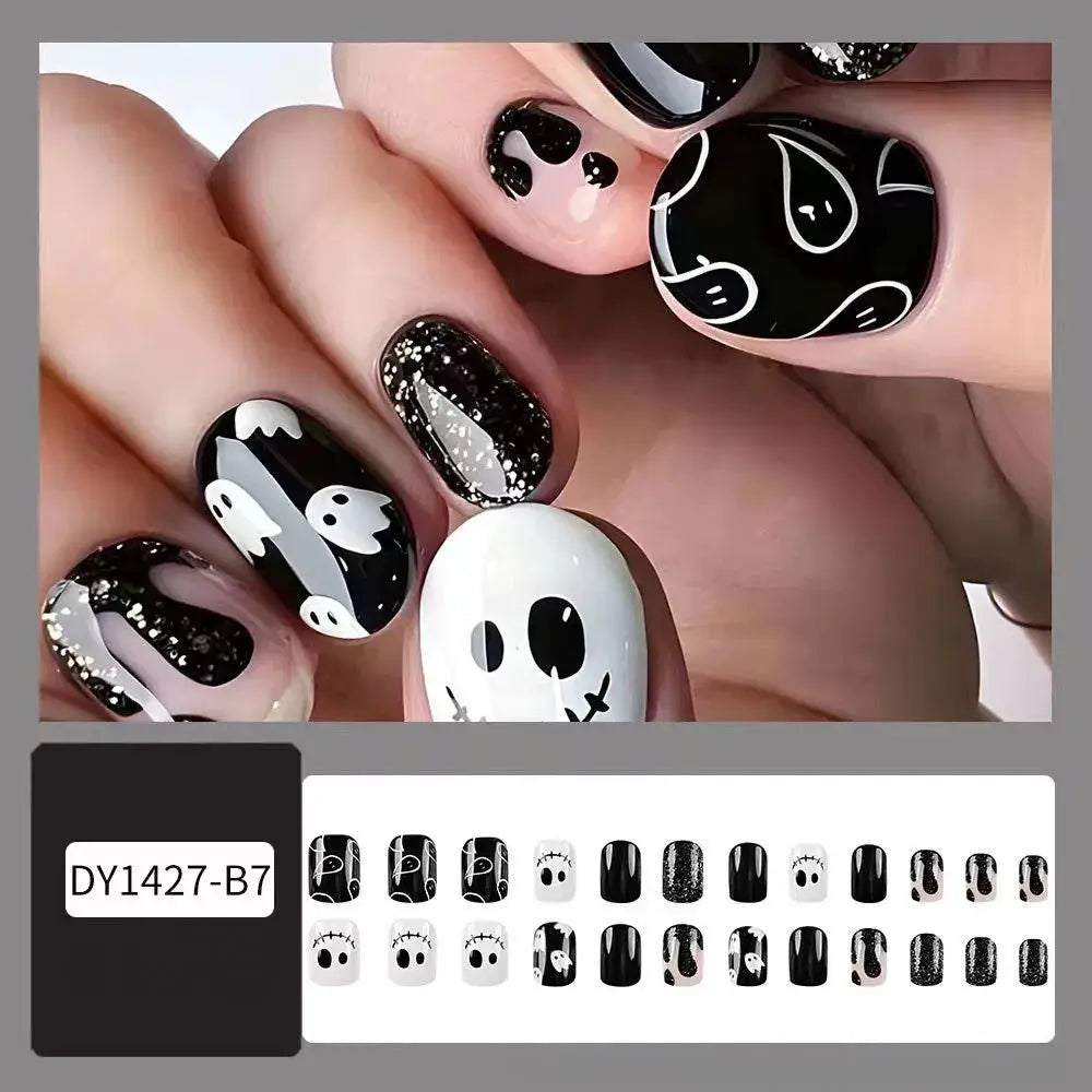 Press On Nails | Short Square | Red French Tip Spider Web | 24 Piece Set