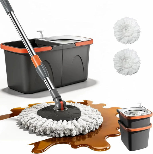 Foldable Spin Mop and Bucket System, Dual-Bucket Cleaning, 2 Reusable Microfiber Mop Heads for Floor Cleaning from PriceLows™