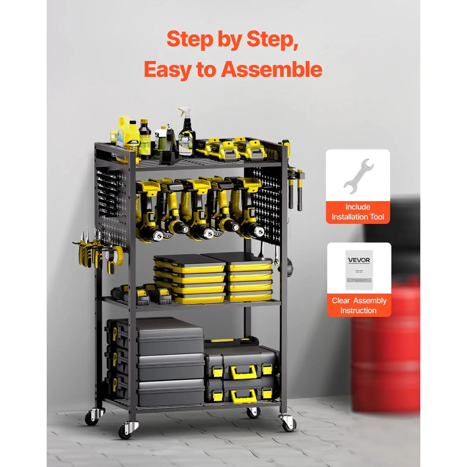 SucceBuy 4-tier Rolling Tool Organizer Cart 150 lbs Garage Floor Stand Storage Cart on Wheels Drill Holder Rack for Workshop from PriceLows™