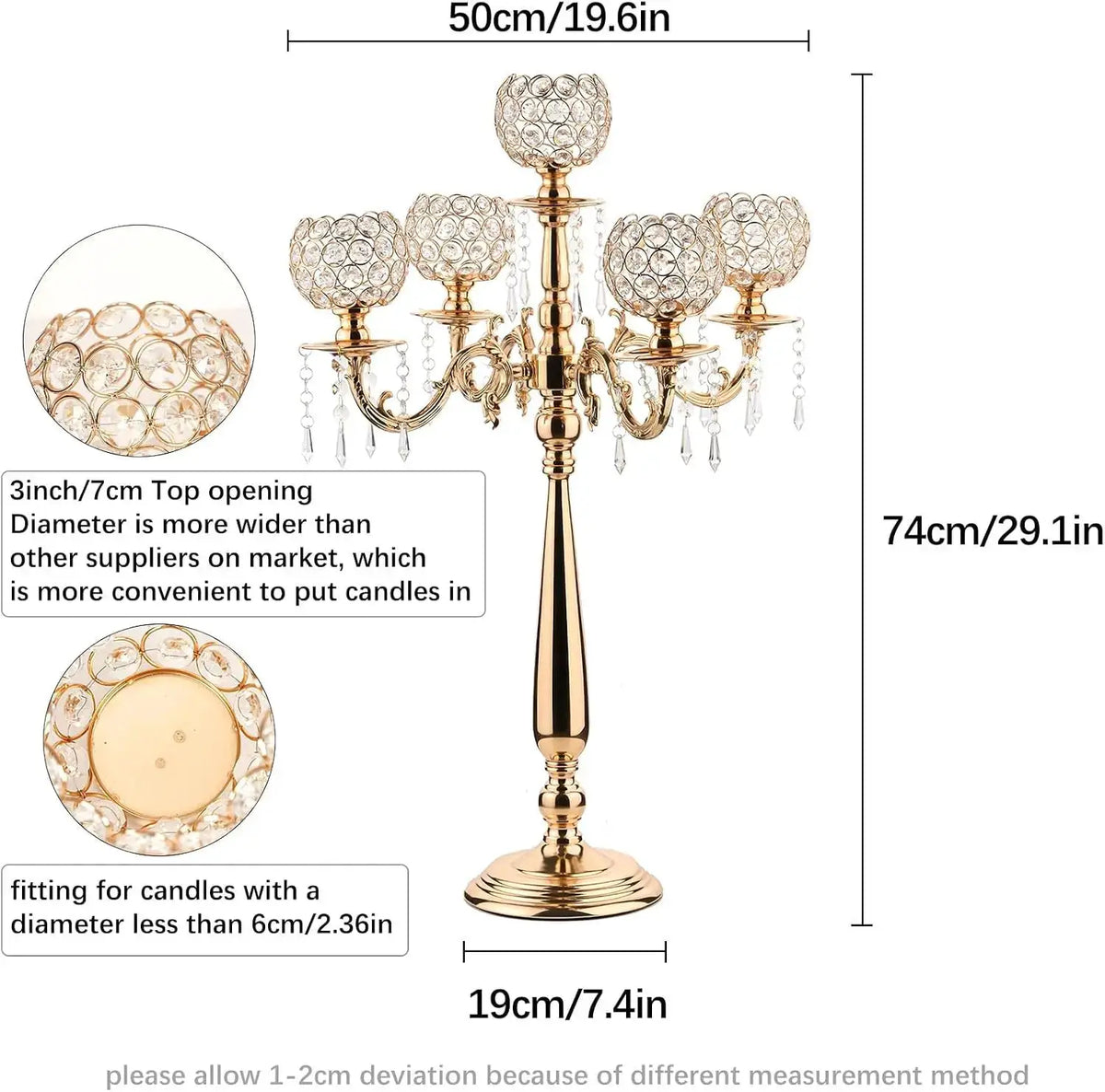 Candelabra | 5 Arm | Gold Metal And Crystal | Table Centerpiece