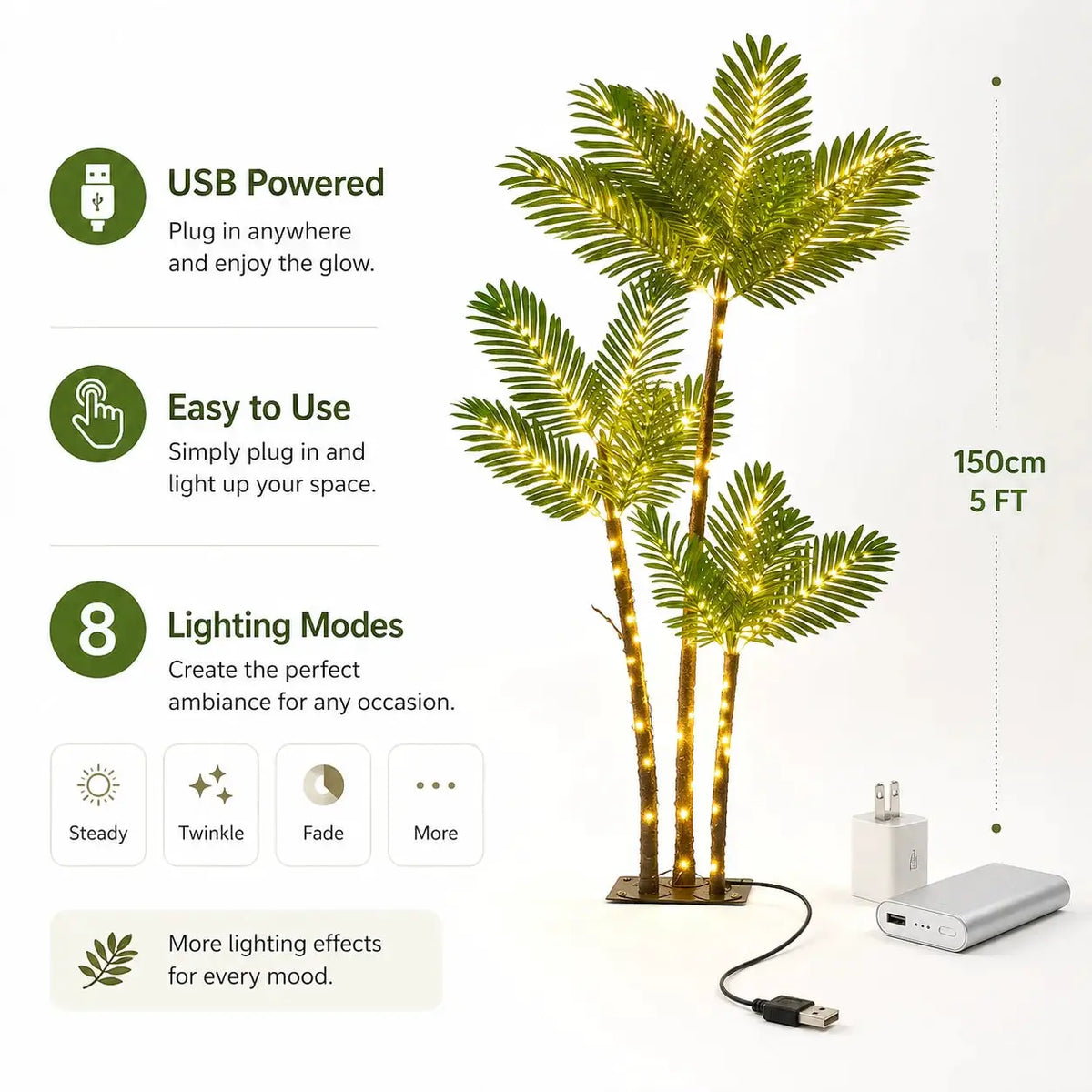 Artificial Palm Tree | LED Lights | USB Powered | 5 Ft