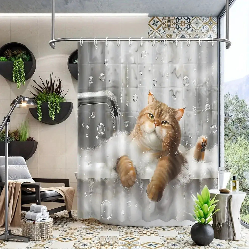 1pc Shower Curtain - Adorable Orange Cat in a Bathtub with Bubbles and Water Drops Design Waterproof from PriceLows™