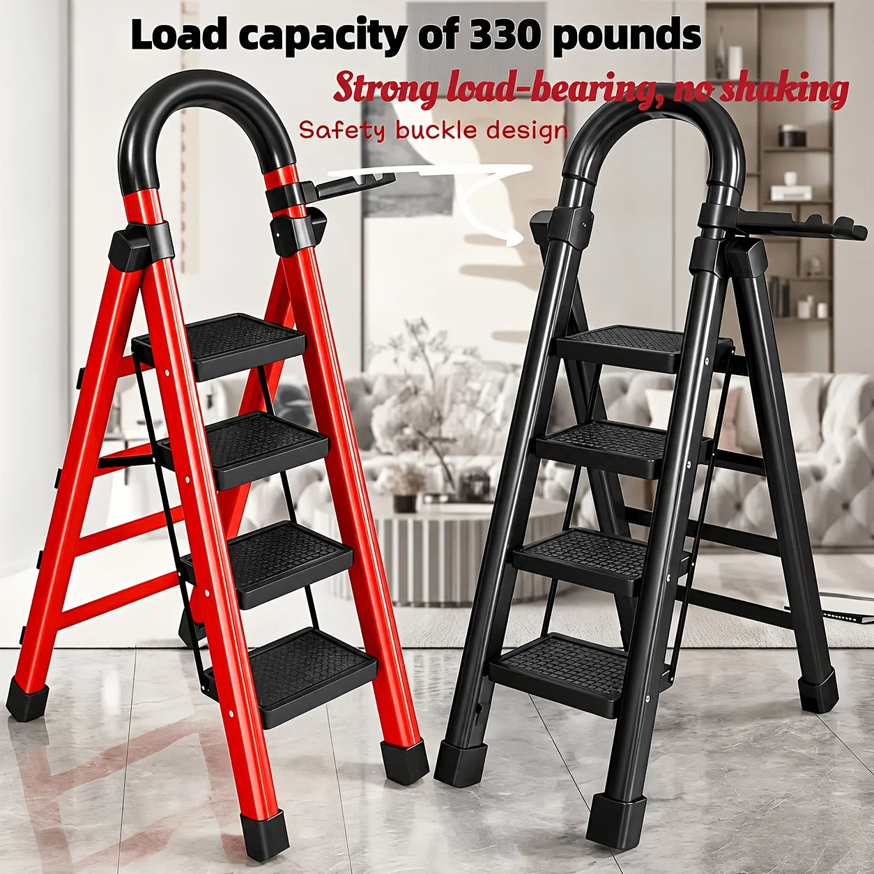330lbs Load-bearing Folding Ladder | Heavy-duty Steel Step Stool with Anti-slip Wide Treads, Handrails, Safety Lock Design, Black And Red Color Scheme, Portable Multi-functional Ladder for Home And Kitchen Use-CVNU from PriceLows™