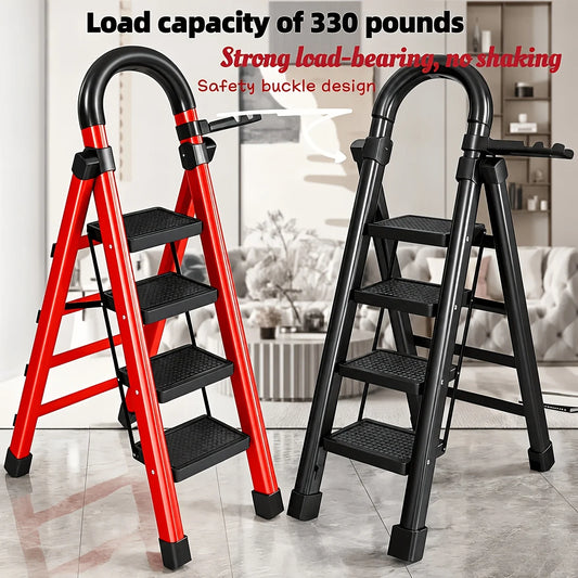 330lbs Load-bearing Folding Ladder | Heavy-duty Steel Step Stool with Anti-slip Wide Treads, Handrails, Safety Lock Design, Black And Red Color Scheme, Portable Multi-functional Ladder for Home And Kitchen Use-CVNU from PriceLows™