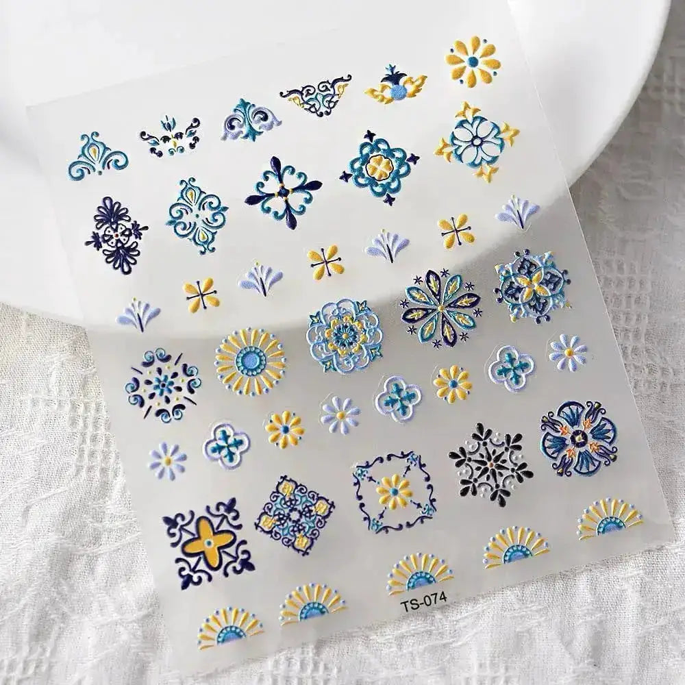 1PC Bohemia Nail Art Stickers 5D Bohemia Nail Sticker Decal Abstract Design Retro Blue Yellow Flower Self Adhesive Nail Supplies from PriceLows™