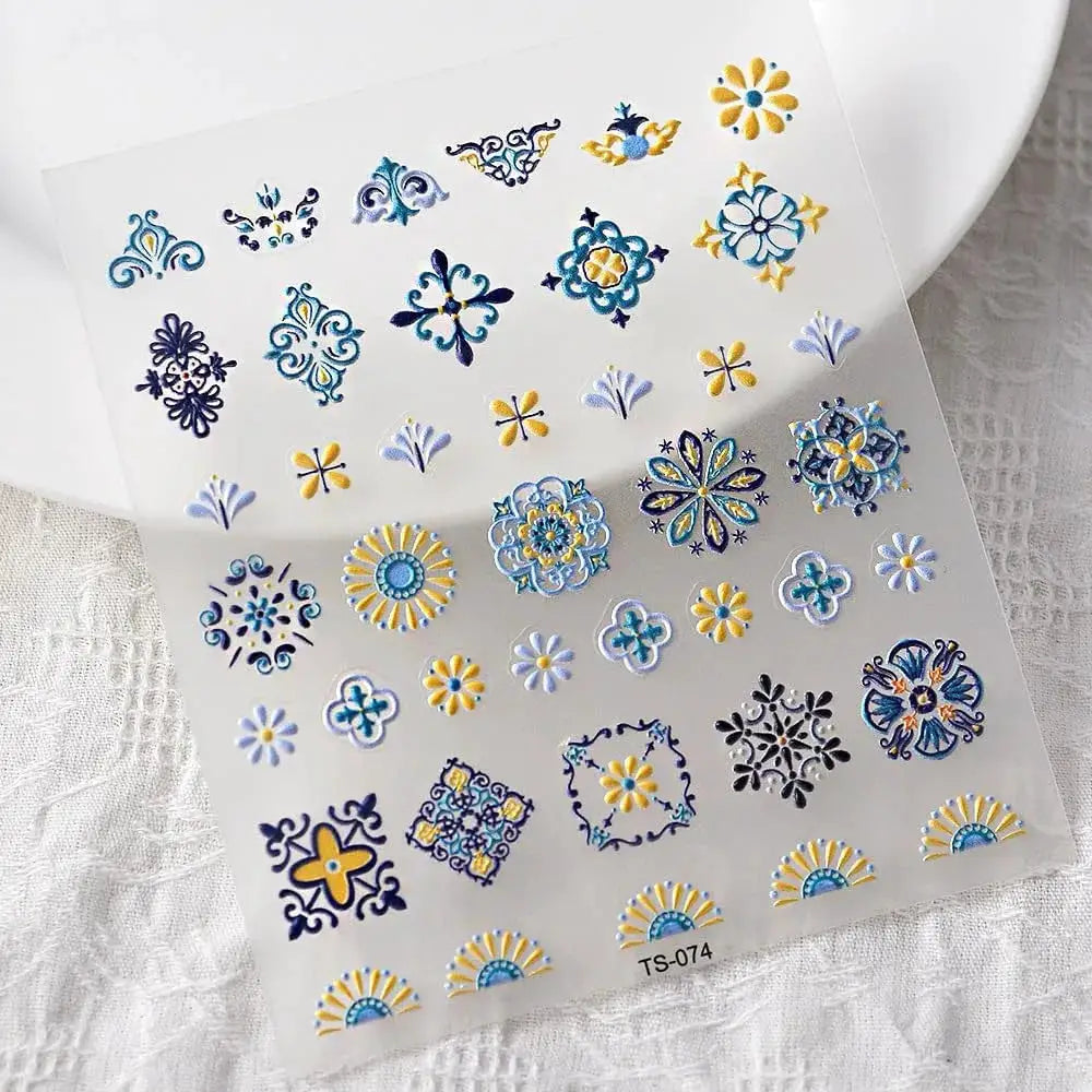 1PC Bohemia Nail Art Stickers 5D Bohemia Nail Sticker Decal Abstract Design Retro Blue Yellow Flower Self Adhesive Nail Supplies from PriceLows™