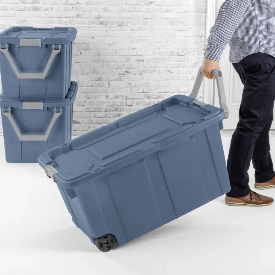 Industrial storage bin for warehouse use, durable plastic, blue, 40-gallon capacity with latching lid and pull handle, extra-la from PriceLows™