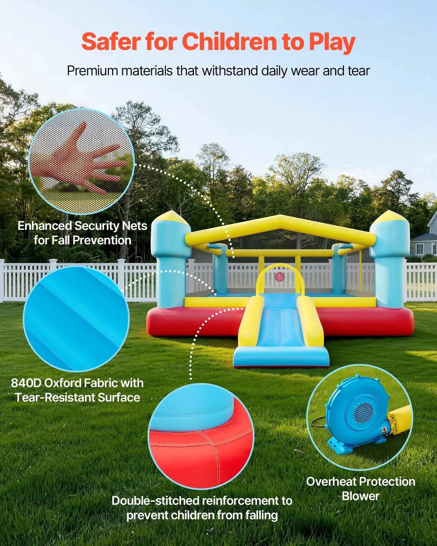 Inflatable Bounce House, 14.7 x 13.8 x 6.8 ft Jumping Bouncy Castle, Inflatable Jumper for Kids with Slide, Basketball Hoop, from PriceLows™