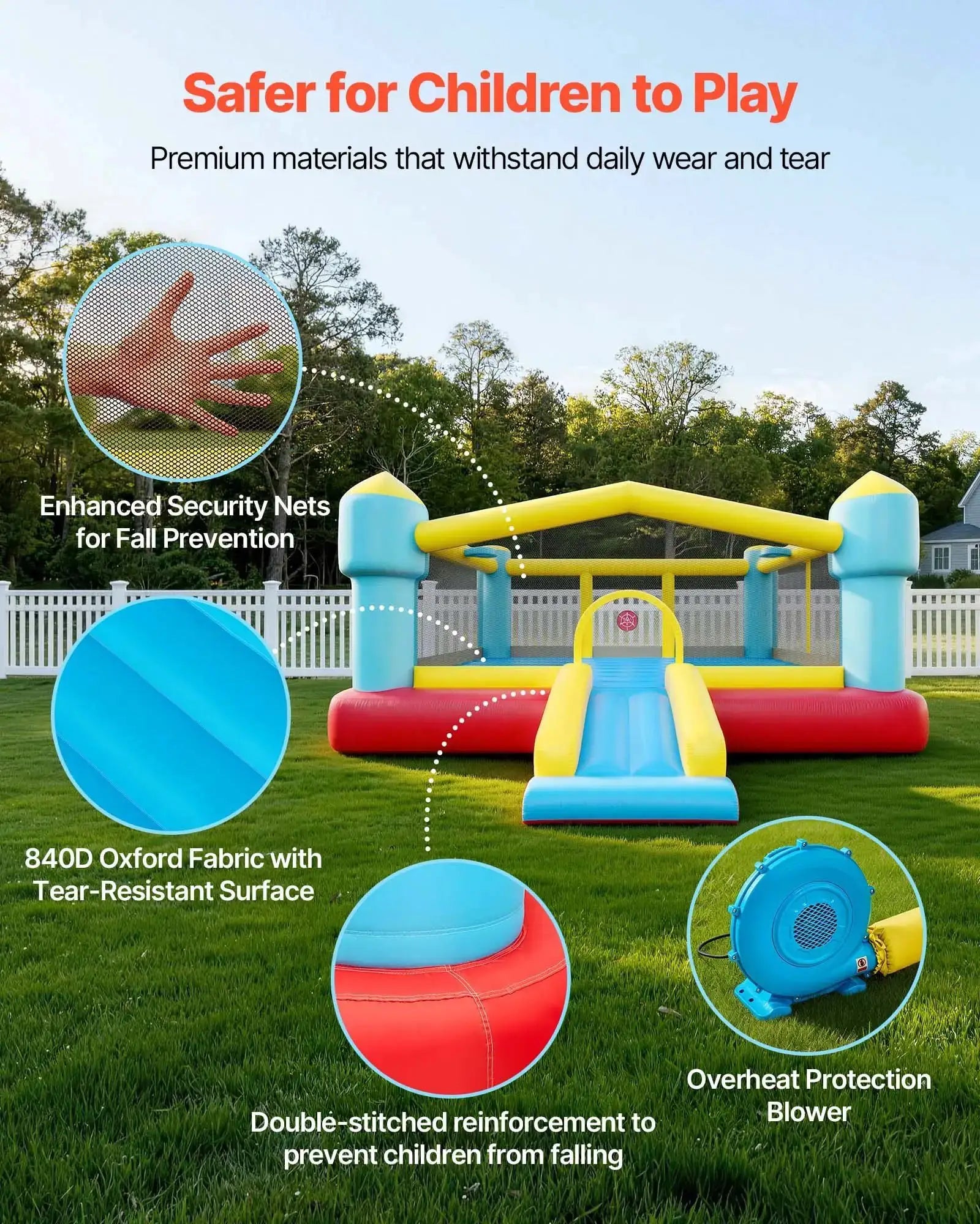 Inflatable Bounce House, 14.7 x 13.8 x 6.8 ft Jumping Bouncy Castle, Inflatable Jumper for Kids with Slide, Basketball Hoop, from PriceLows™
